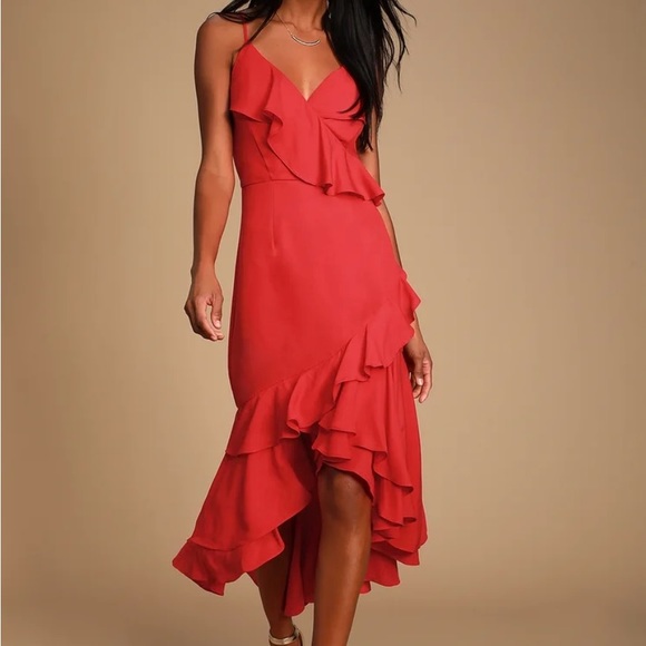 Lulus Dreamer's Dream Red Ruffled High-Low Dress - Picture 1 of 3